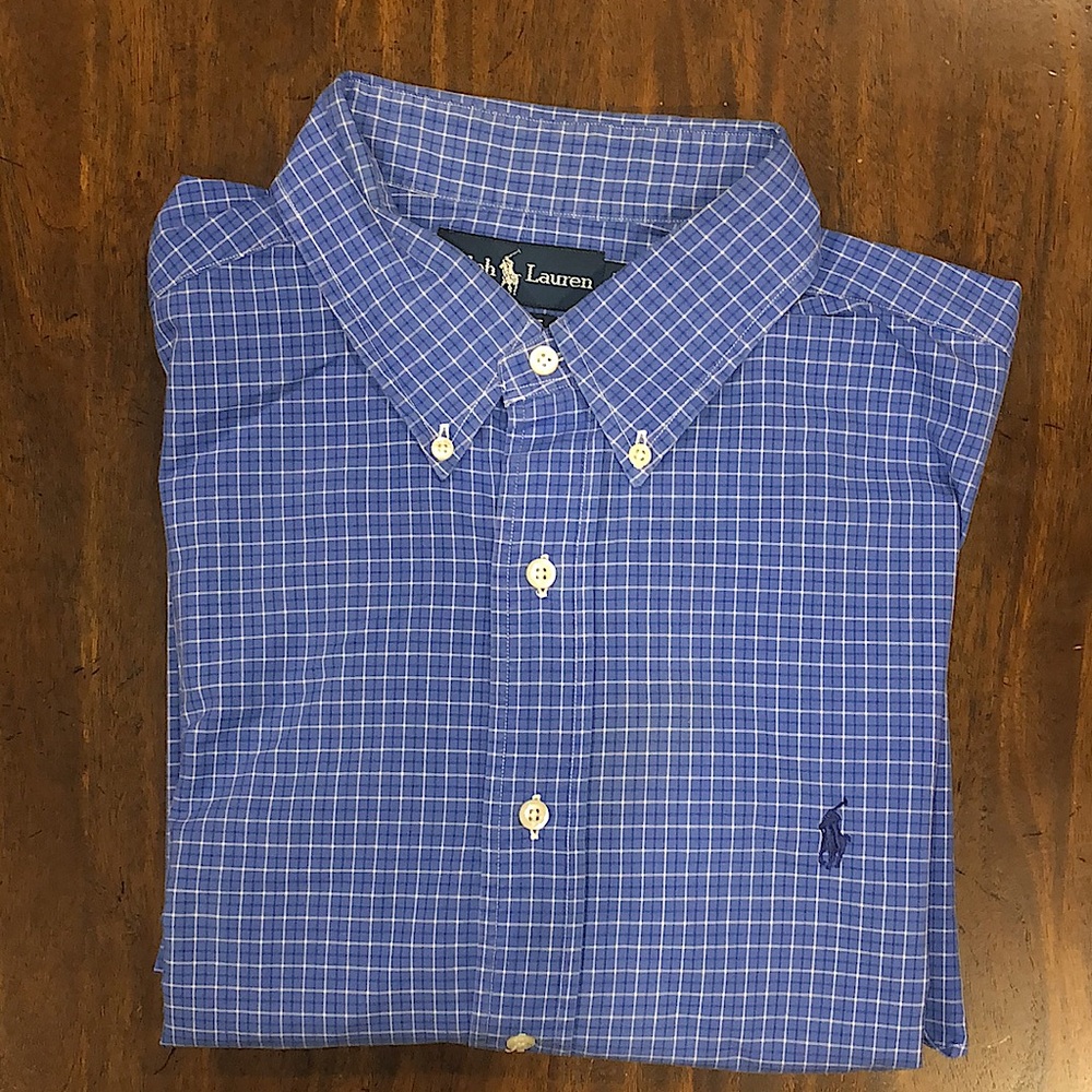 RALPH LAUREN Long Sleeve Blue Plaid Button Down Dress Shirt Sz 17 34/35